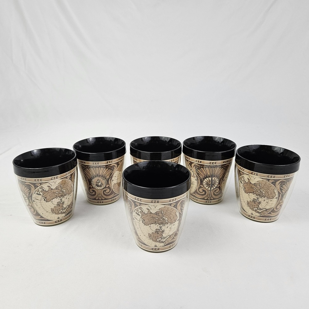 Vtg Old World Map Insulated Tumblers Drinking Glasses On the Rocks MCM Barware